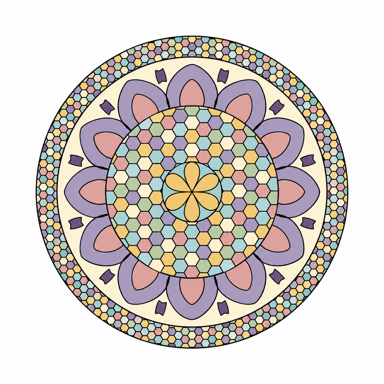 Honeycomb Bloom Mandala colored example