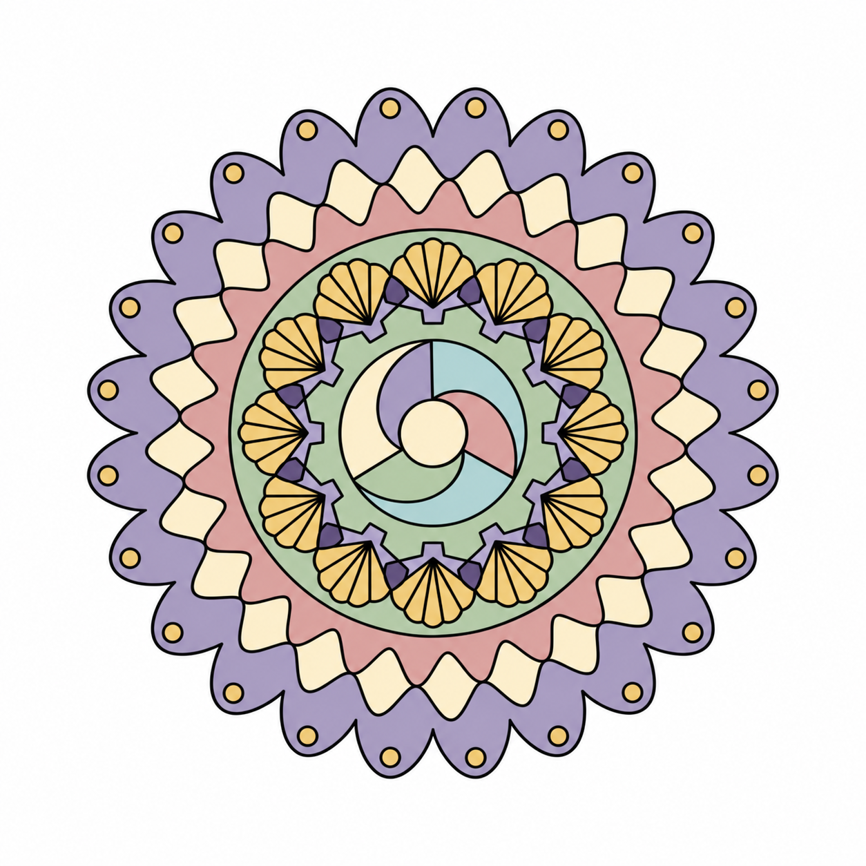 Sea Shell Spiral Mandala colored example