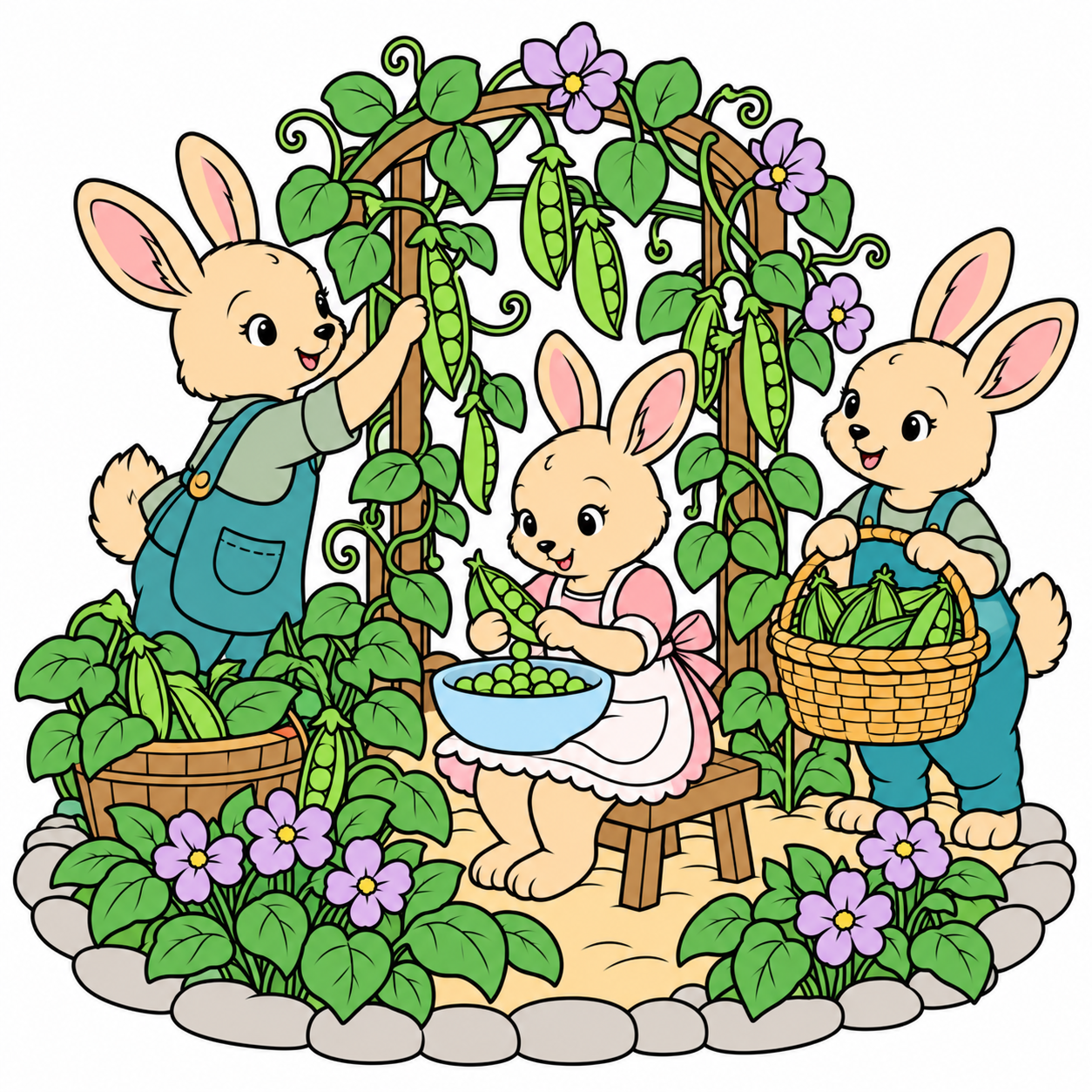 Rabbits at the Pea Trellis colored example
