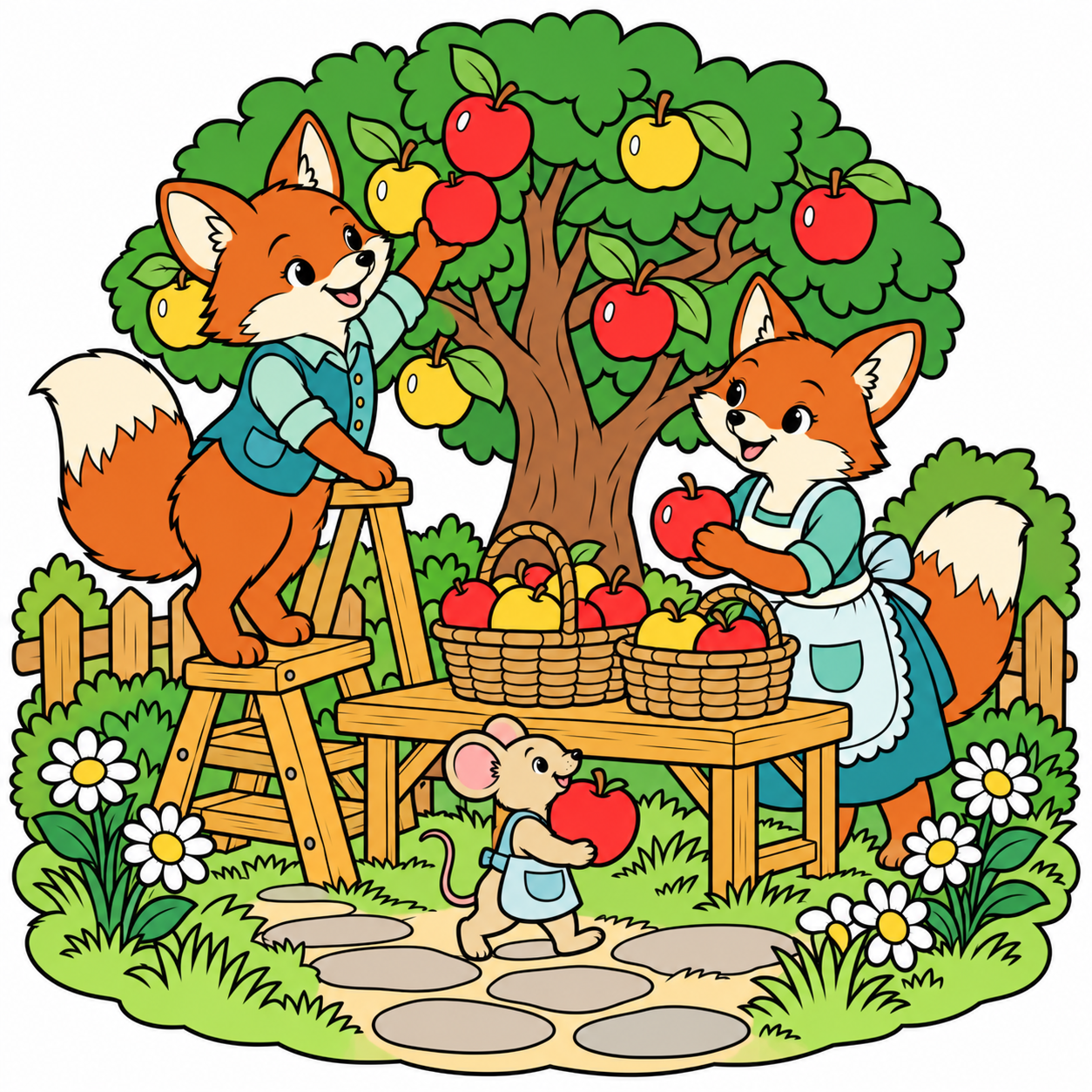 Foxes in the Apple Orchard colored example