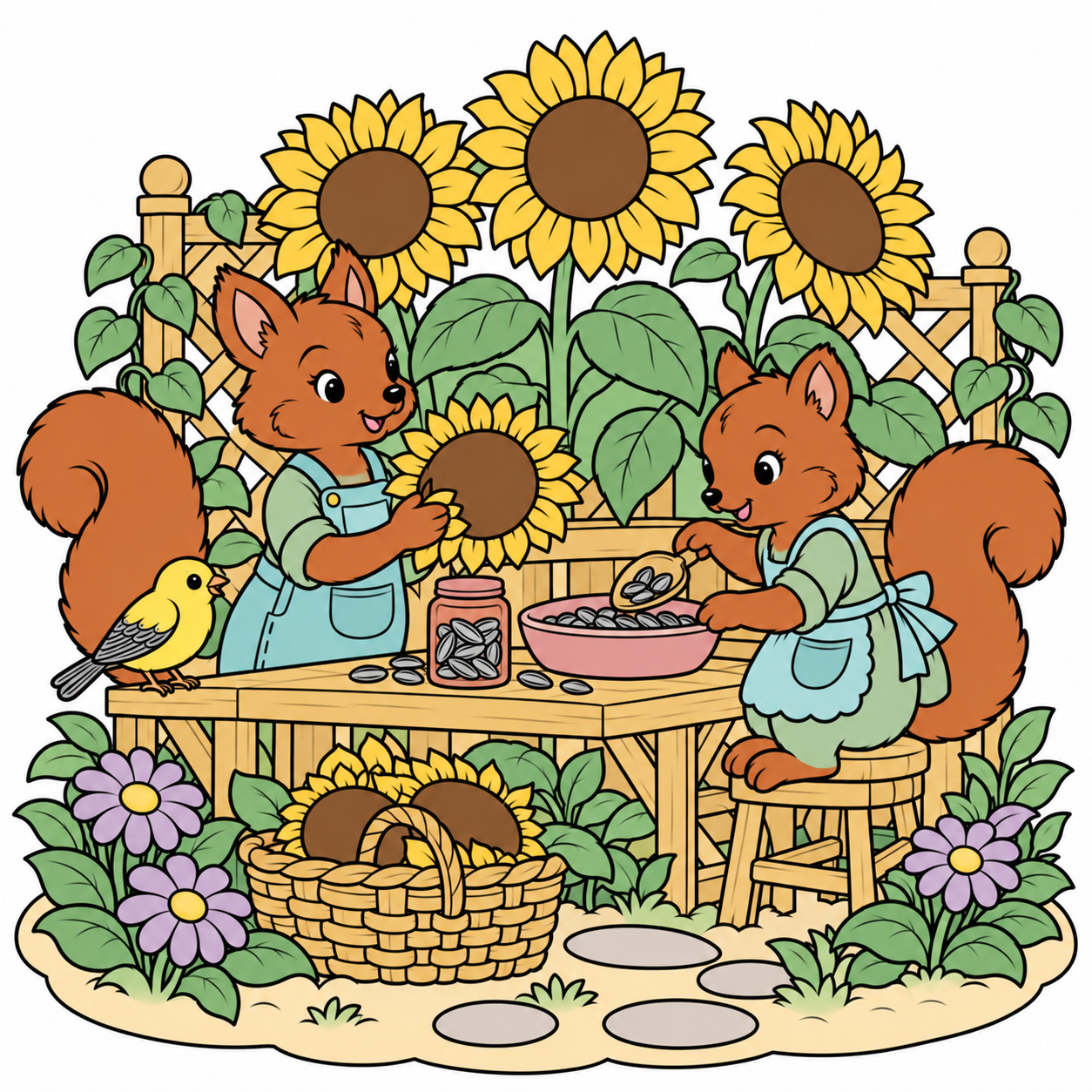 Squirrels at the Sunflower Station colored example