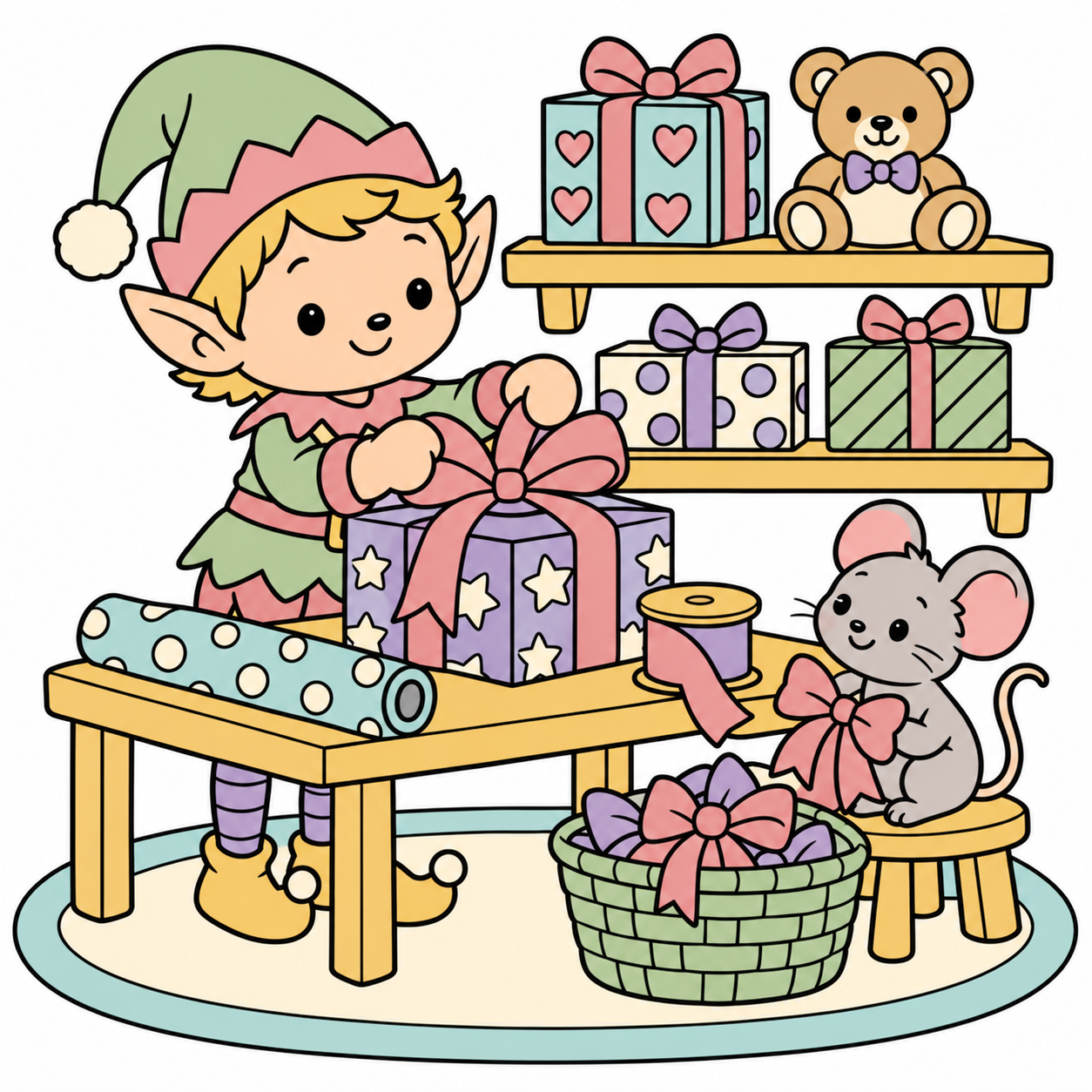 Elf Wrapping Christmas Presents colored example