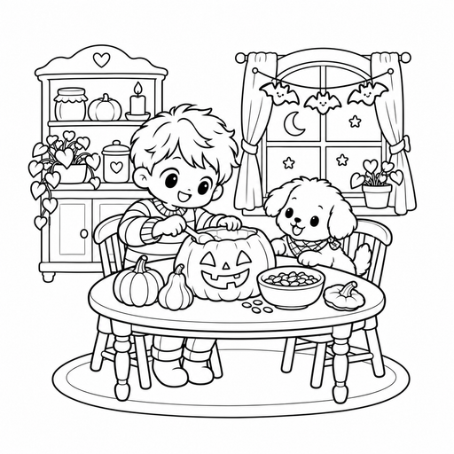 Pumpkin Carving Kitchen Table coloring page – free printable line art