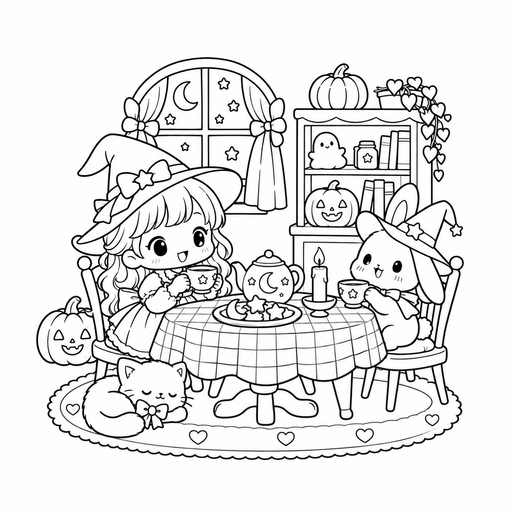 Moon Cookie Tea Party coloring page – free printable line art