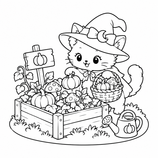 Kitty Witch Garden coloring page – free printable line art
