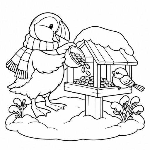 Puffin's Snowy Bird Feeder coloring picture