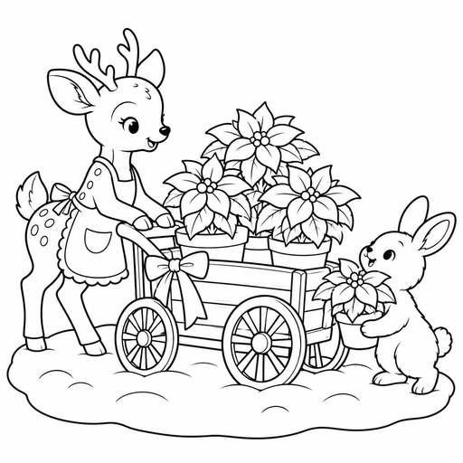 Deer's Poinsettia Flower Cart coloring picture