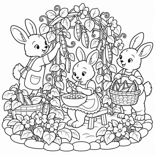 Rabbits at the Pea Trellis coloring picture