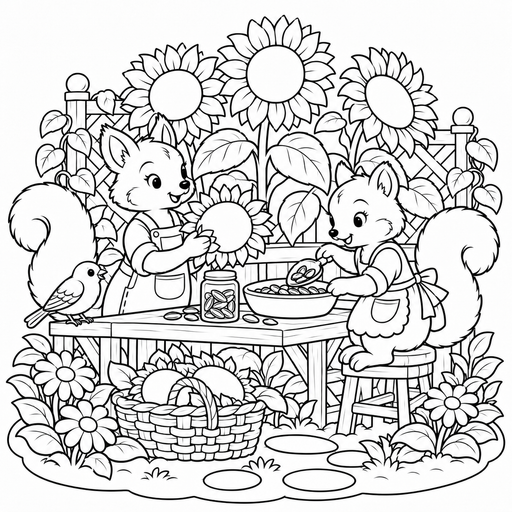 Squirrels at the Sunflower Station coloring picture