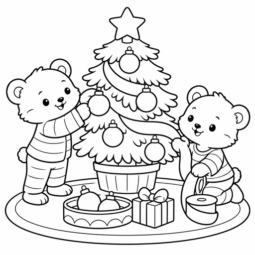 Bears Decorating a Christmas Tree coloring picture