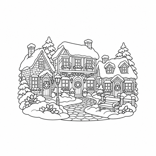 Snowy Christmas Village coloring picture