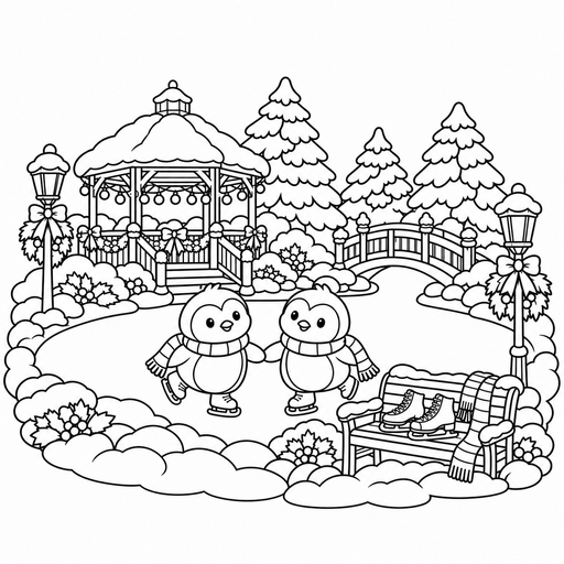 Frozen Pond Skating Evening coloring picture