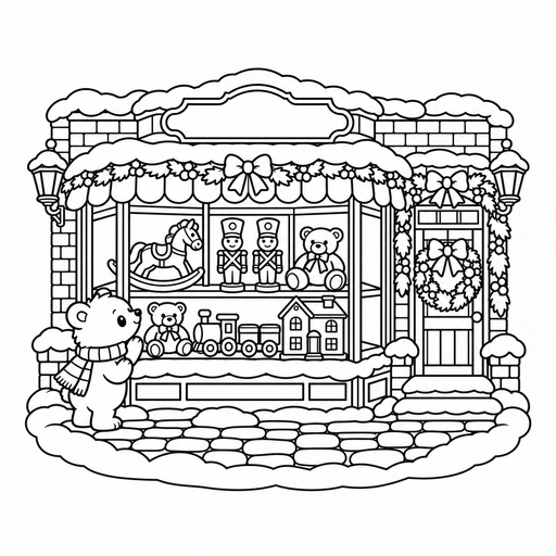 Christmas Toy Shop Window coloring page – free printable line art