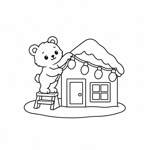 Bear Hanging Christmas Lights coloring page – free printable line art